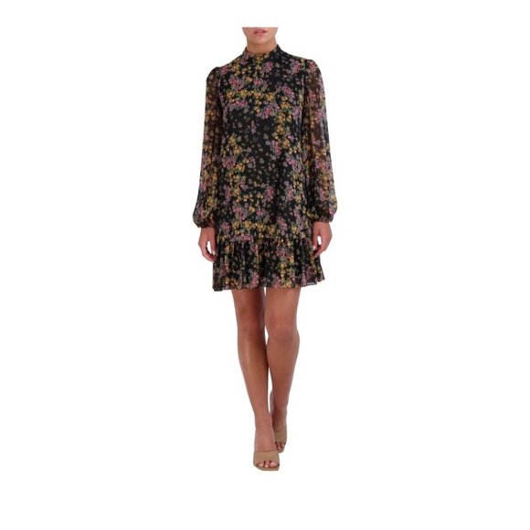 BCBG Paris Womens XL Black Floral Sheered Long Sleeve Dress Spray Garden‎ NWT - Picture 3 of 4